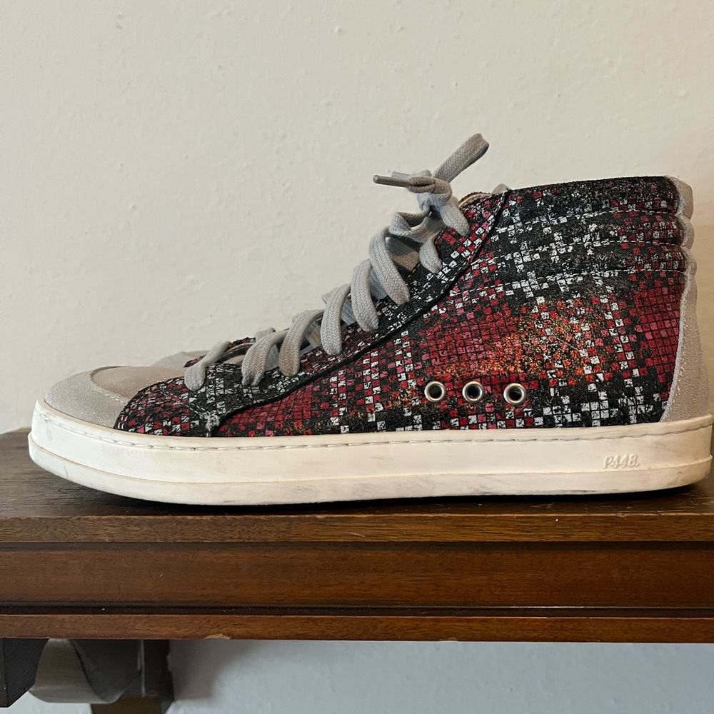 P448 Red Black Silver Glitter High Top Women’s Sneakers Size 38/8